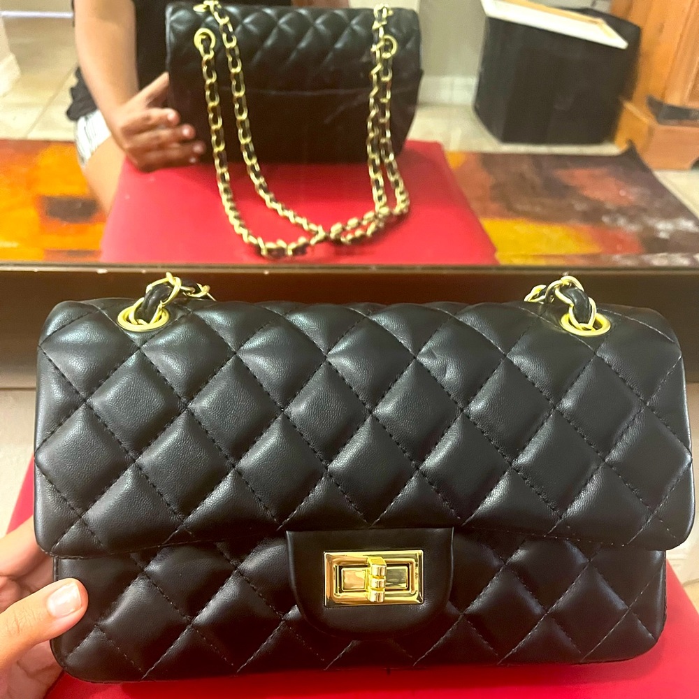 Designer inspired Black quilted flap bag with gold embellished chain